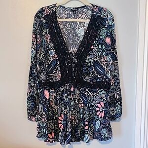 Torrid Floral Boho Blouse long sleeves crinkle Gauze size 2x 18-20 NWOT